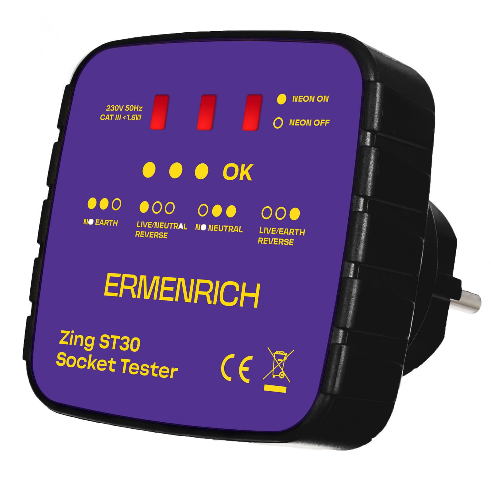 Тестер розетки Ermenrich Zing ST30 (50Гц, 230В, класс перенапряжения III 300В, фиолетовый)
