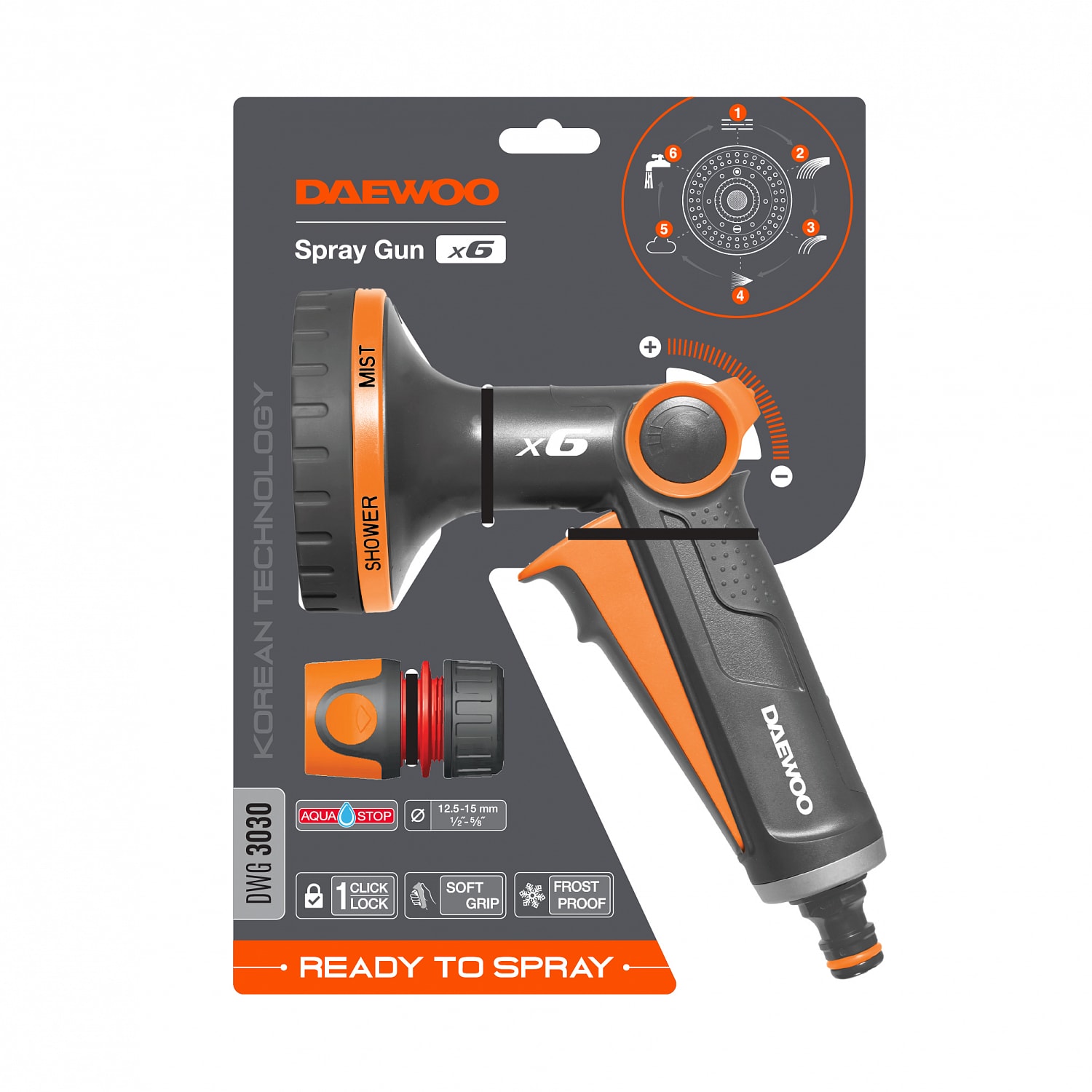 Пистолет-распылитель 1/2 " - 5/8" с плавной регулировкой напора 6 типов струй DAEWOO DWG 3030, фото 3