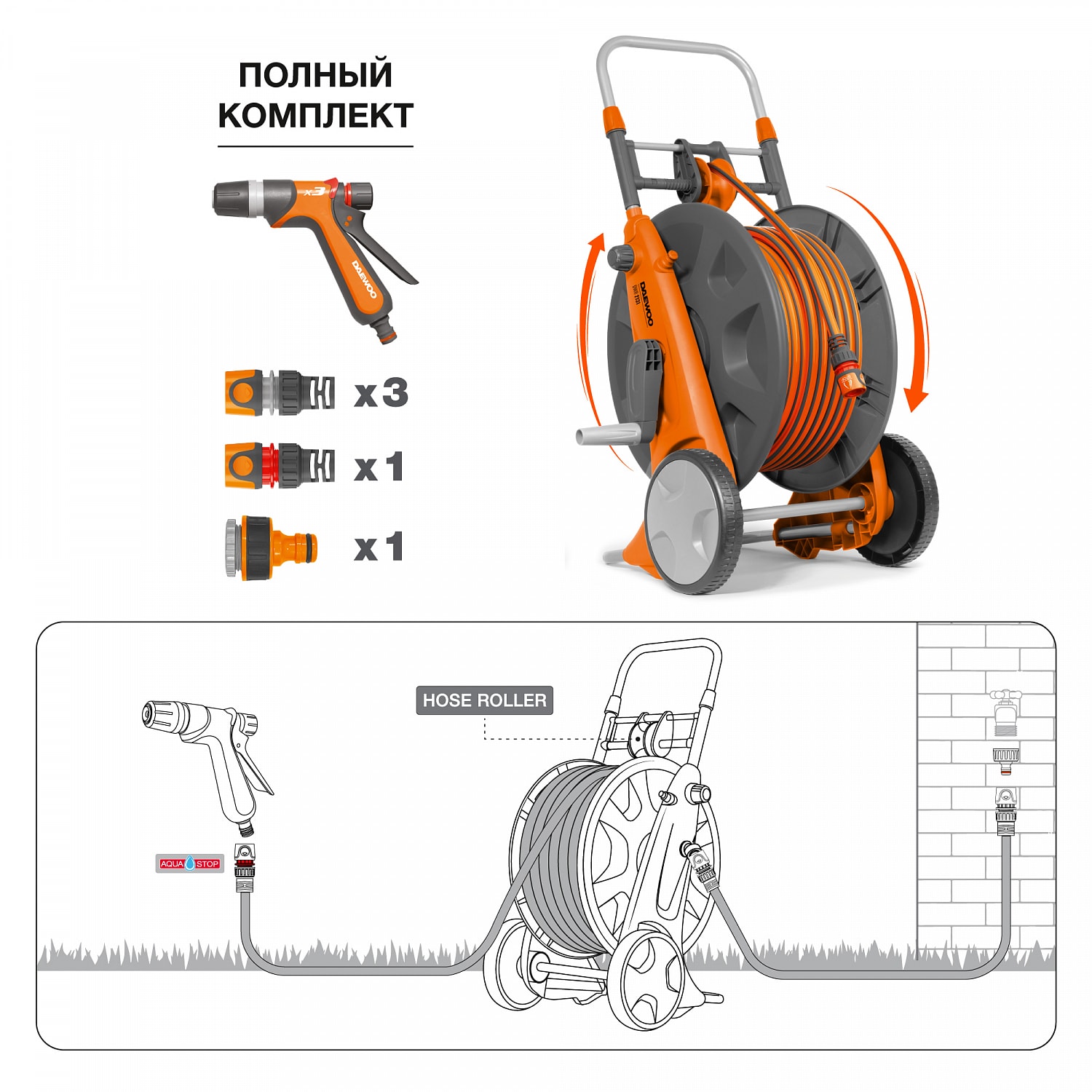Тележка со шлангом 30м. и набором для полива DAEWOO DWR 2131, фото 2