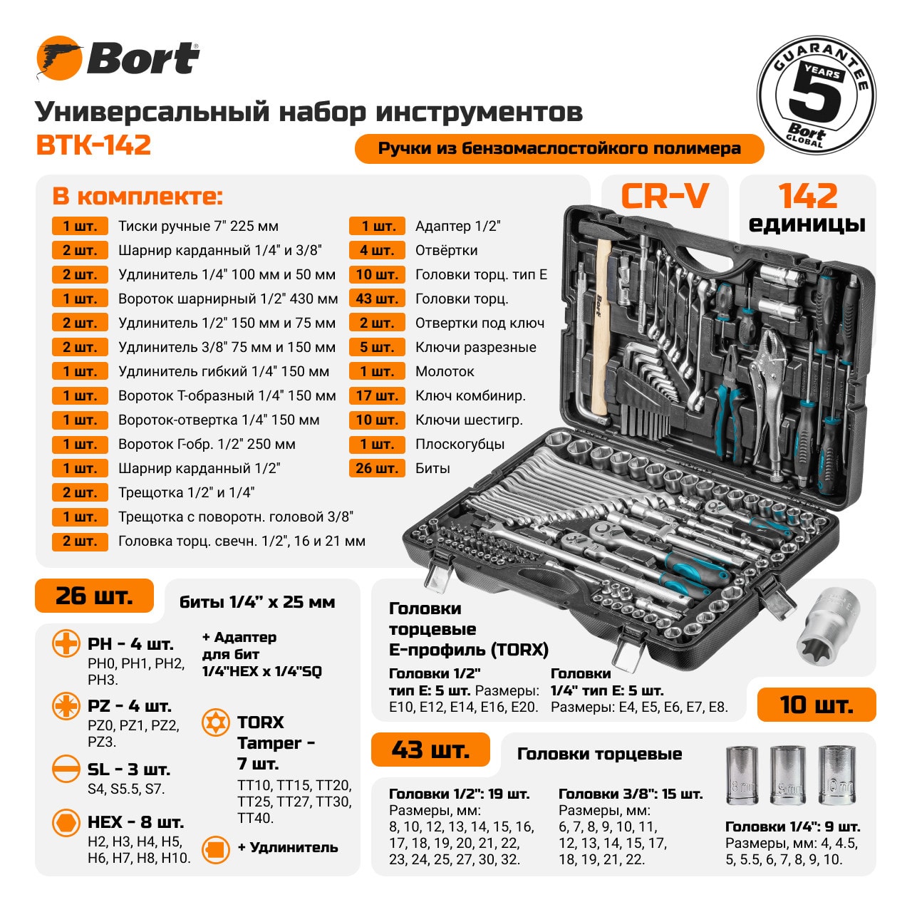 Набор ручного инструмента Bort BTK-142, фото 2