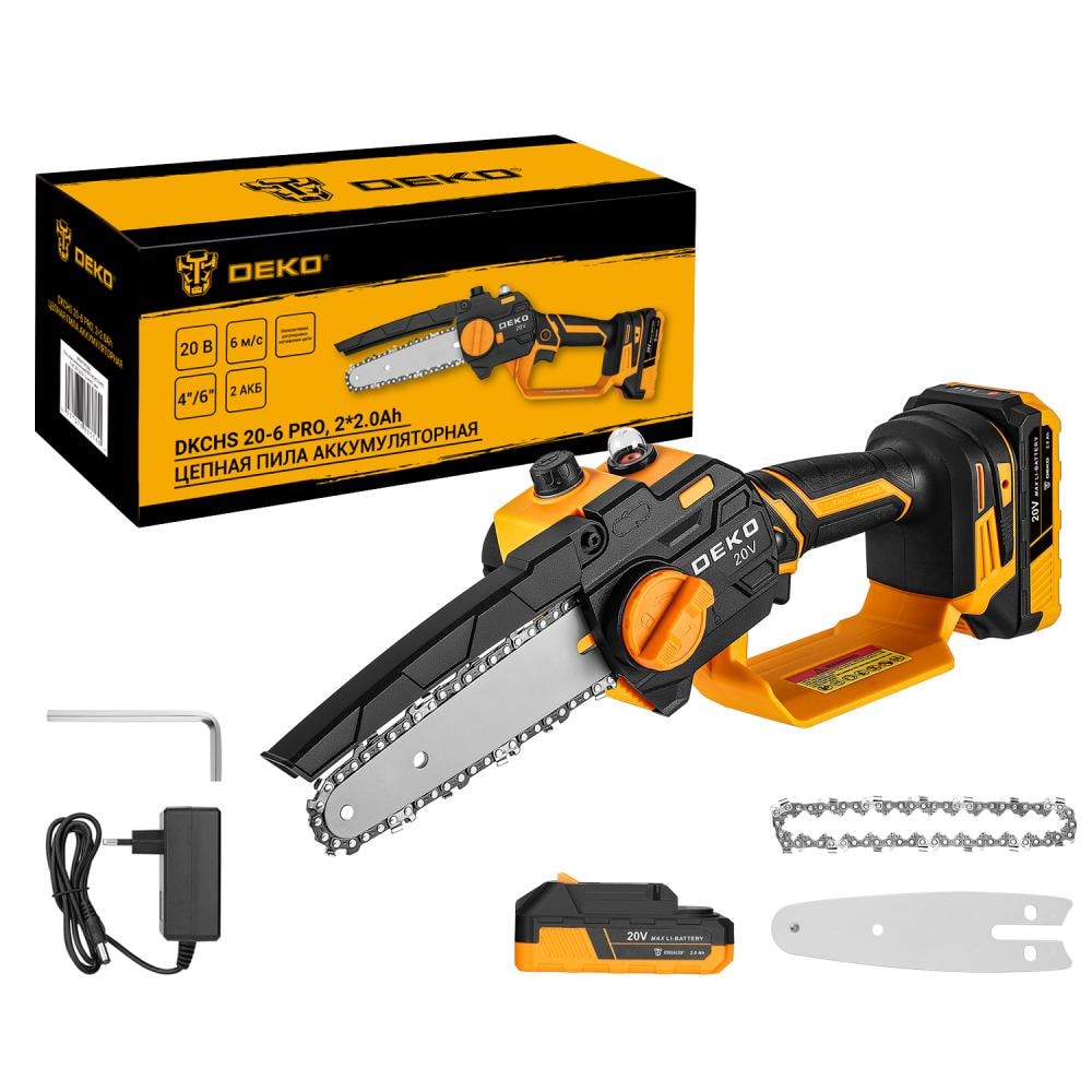 Пила цепная аккумуляторная DEKO DKCHS 20-6 PRO, 4 " и 6", 20В, 2x2.0Ач, 2 шины и 2 цепи