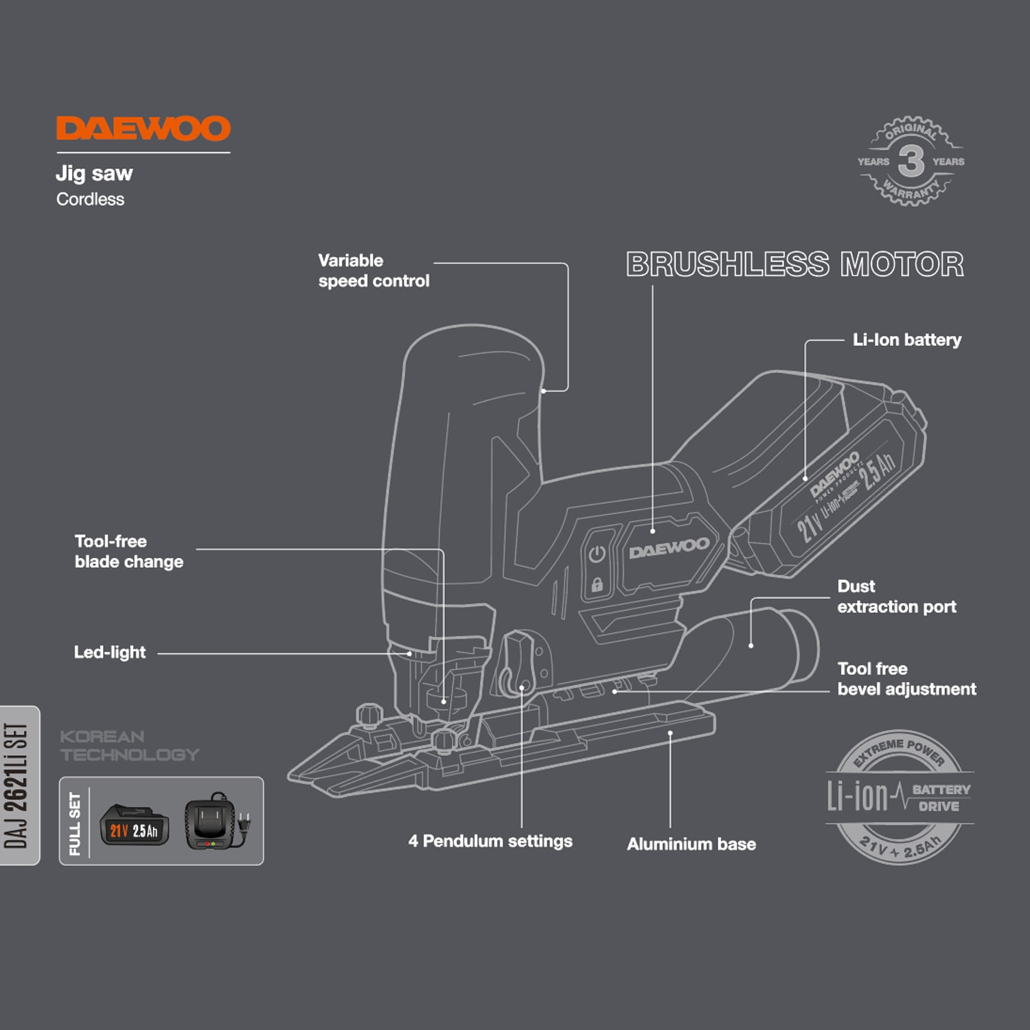 Лобзик аккумуляторный DAEWOO DAJ 2621Li SET, фото 3