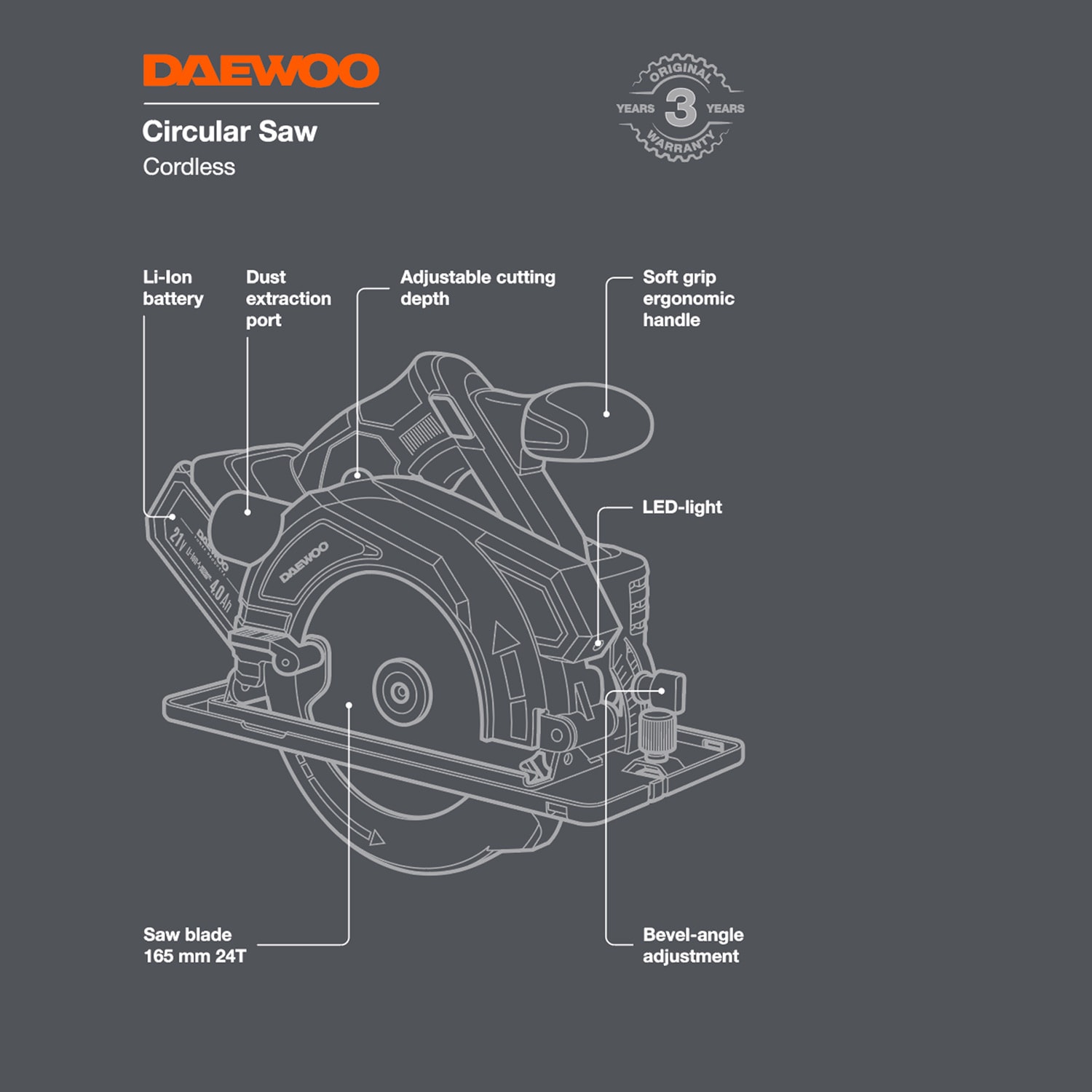 Пила циркулярная аккумуляторная DAEWOO DAS 1621Li SET, фото 3