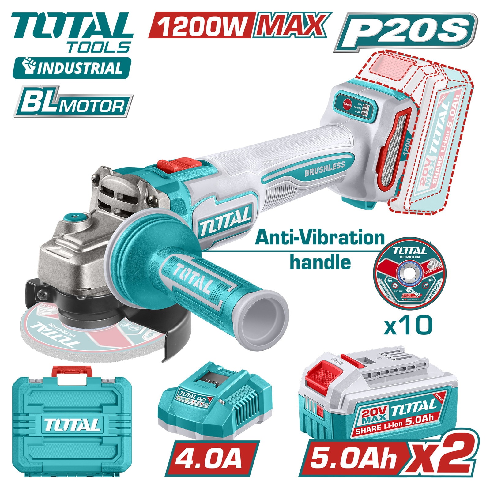 Углошлифмашина аккумуляторная TOTAL TAGLI2120252