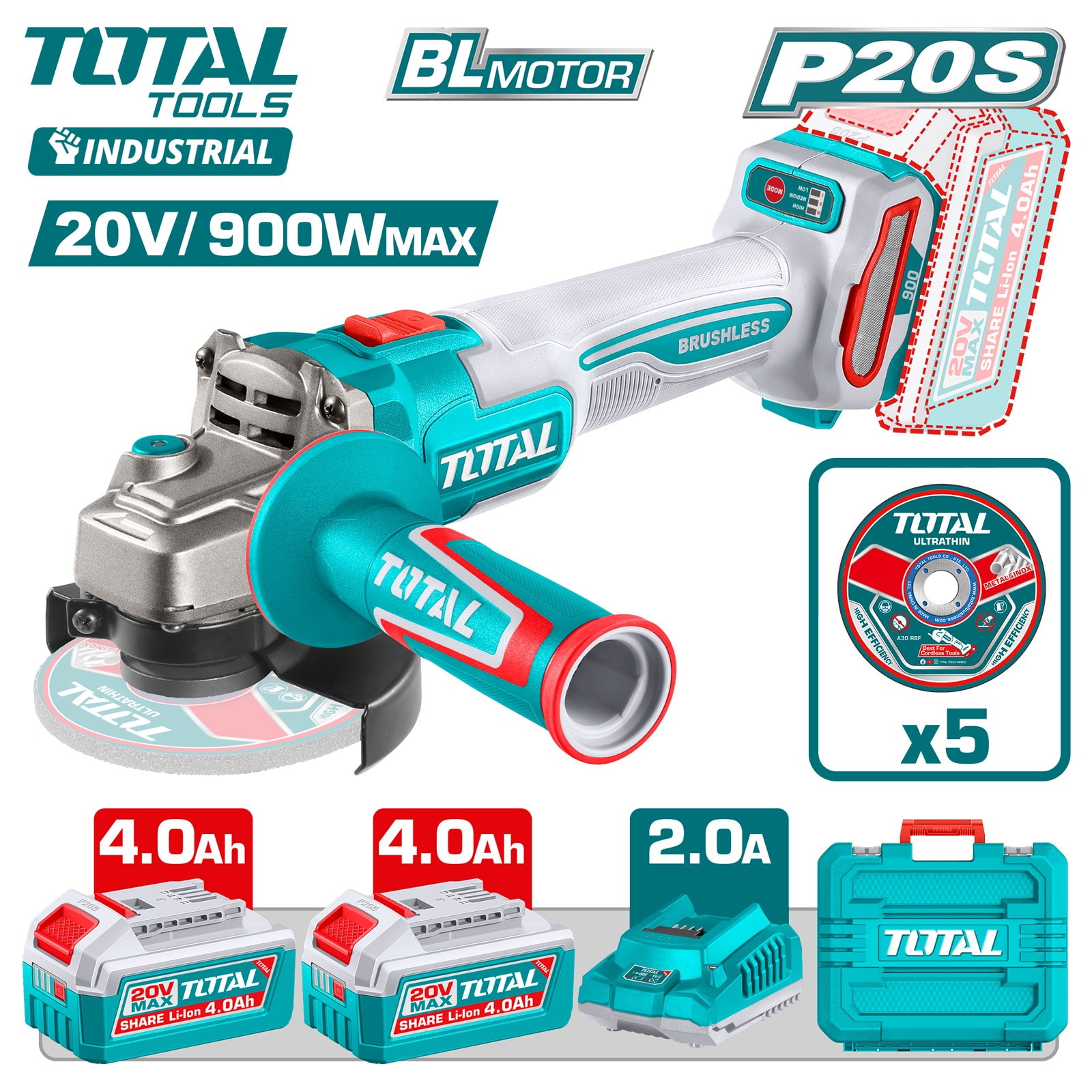 Углошлифмашина аккумуляторная TOTAL TAGLI261522