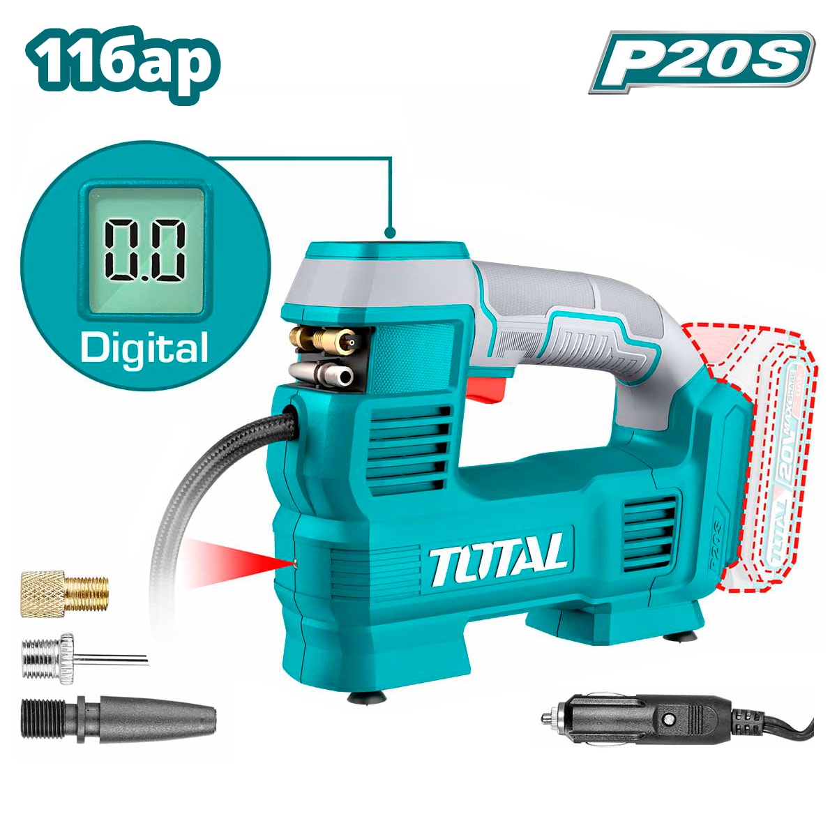 Компрессор автомобильный гибридный (акк. P20S или 12в) TOTAL TACLI2012
