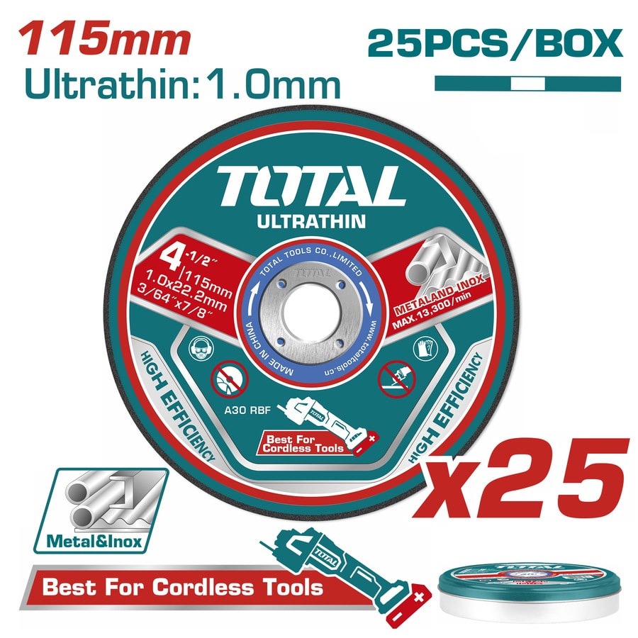 Круг отрезной 115x1,0x22,2 мм по нержавеющей стали TOTAL TAC11011525 (25 шт)