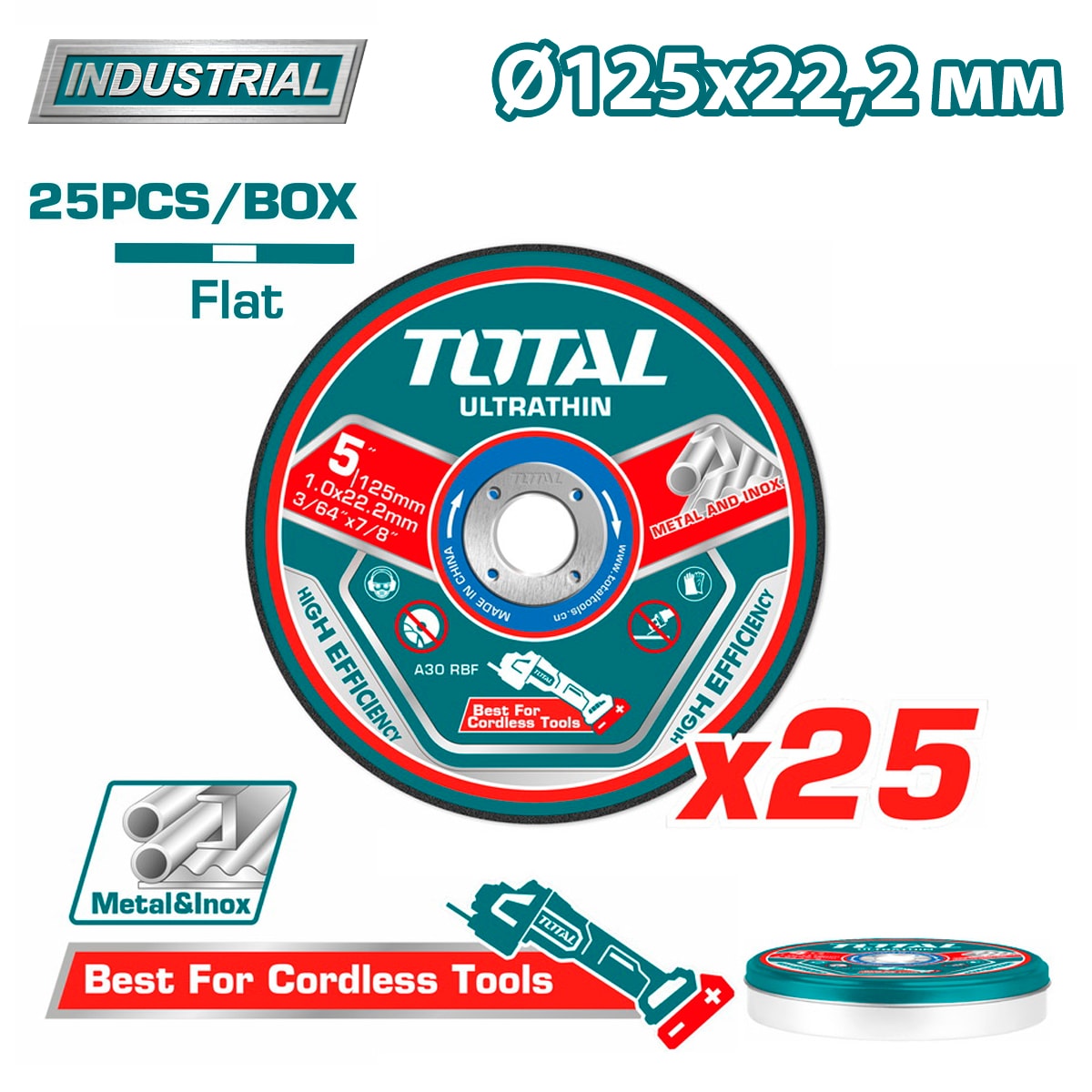 Круг отрезной 125x1,0x22,2 мм по нержавеющей стали TOTAL TAC21012525 (25 шт)