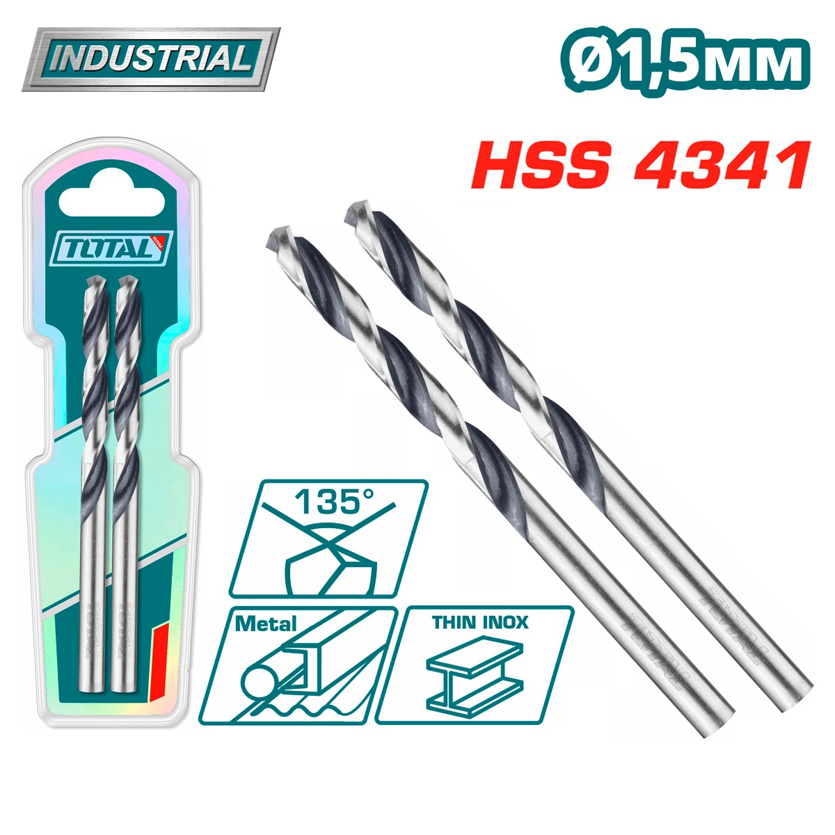 Сверло по металлу HSS 1,5 мм TOTAL TAC1200154 (2 шт)