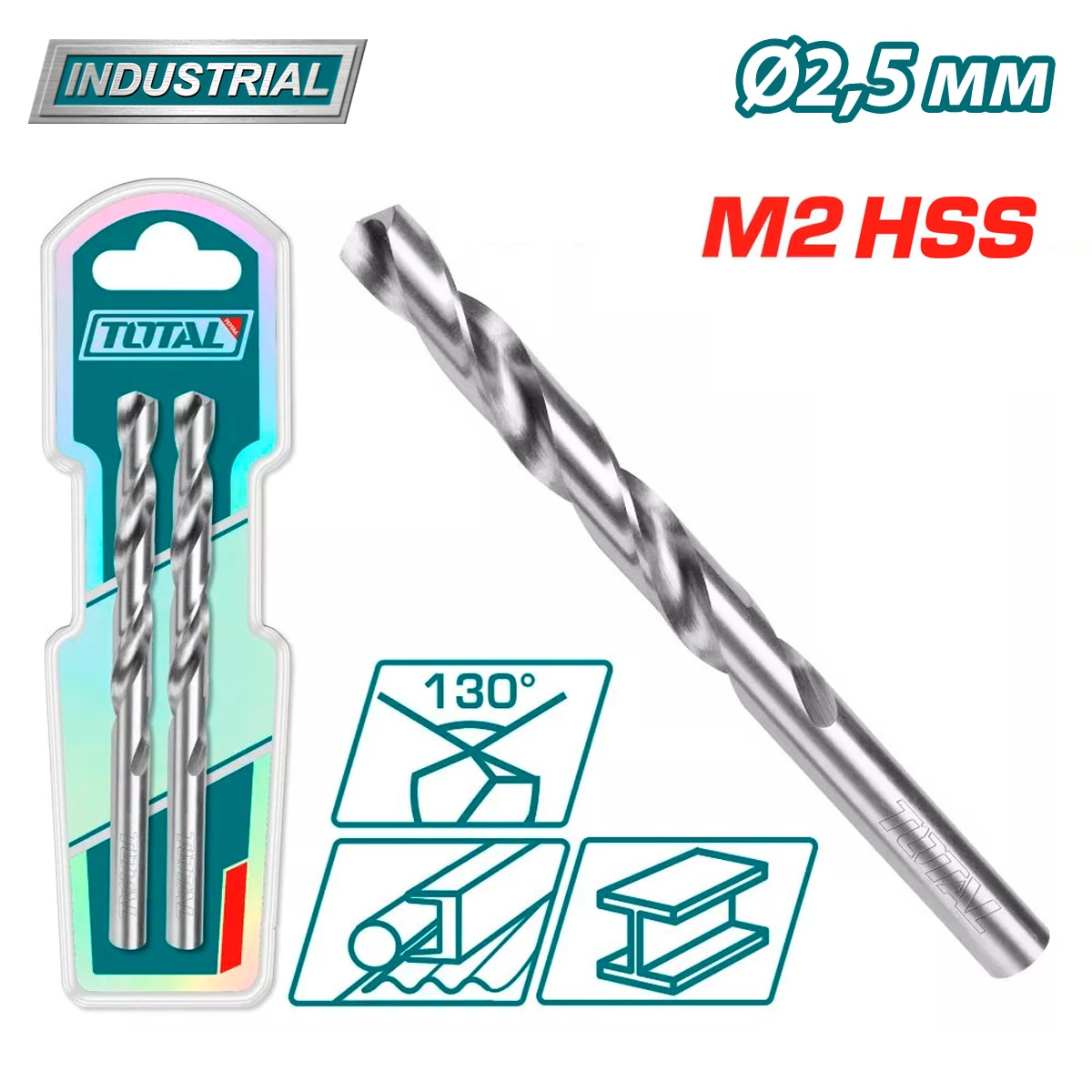 Сверло по металлу M2 HSS 2,5 мм TOTAL TAC1200252 (2шт.)