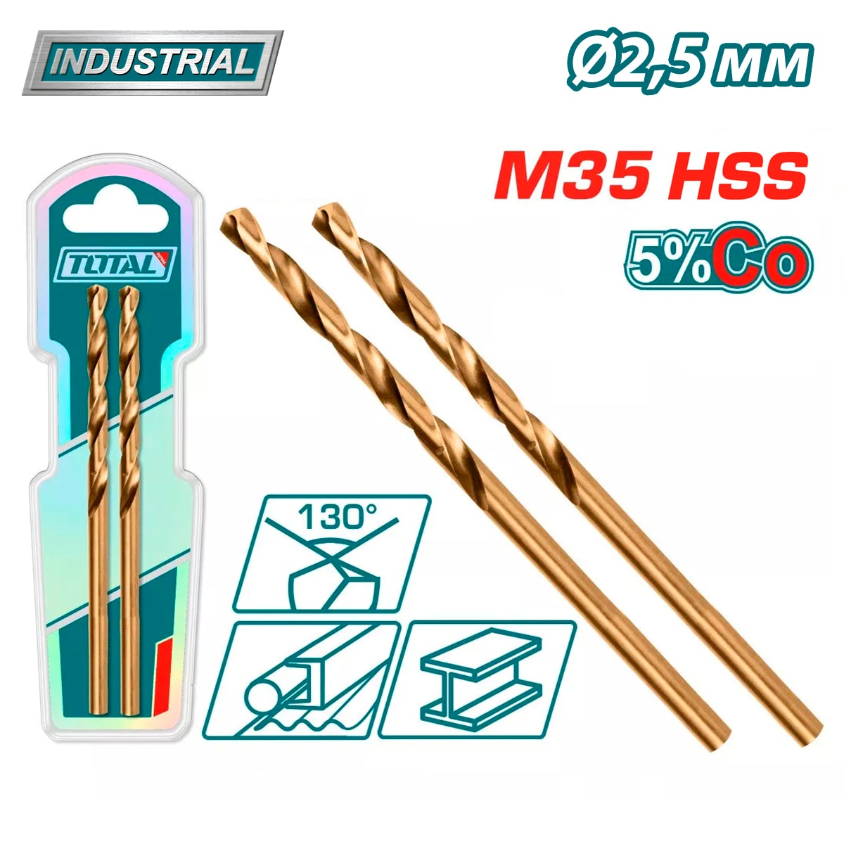 Сверло по металлу M35 HSS-CO 2,5мм TOTAL TAC11202501(2 шт)