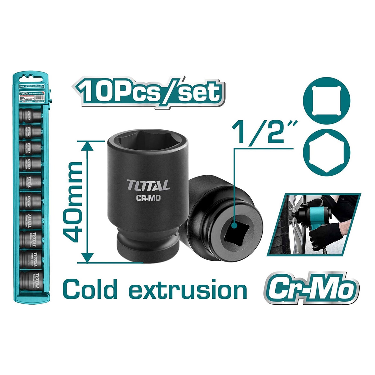 Набор ударных головок 1/2 " TOTAL THISTD12101 (10 предметов), фото 2