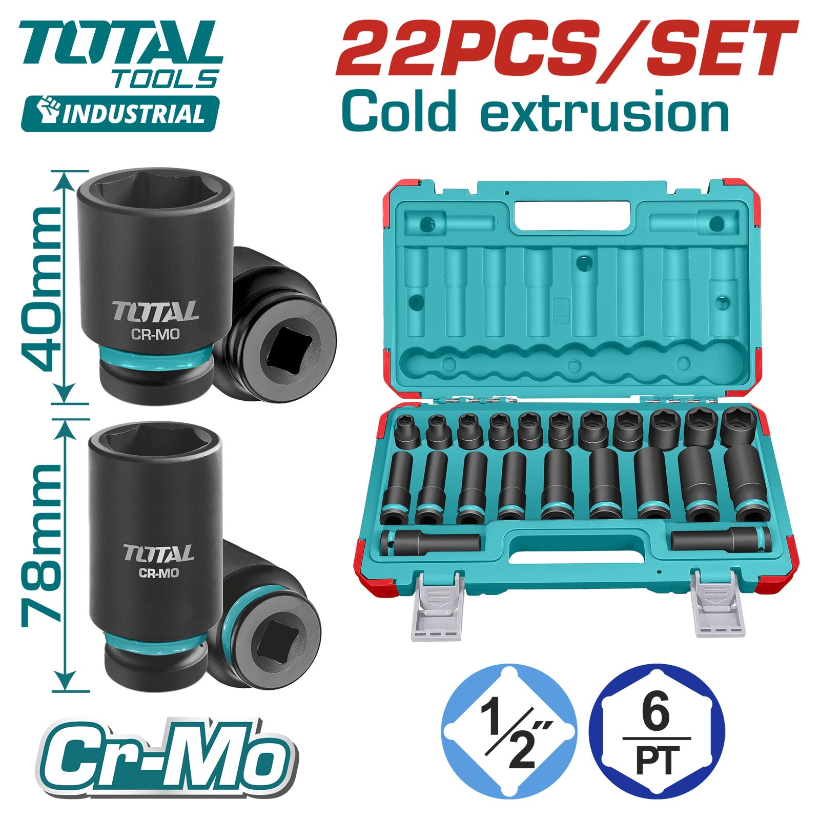 Набор ударных головок 1/2 " TOTAL THKISD12221L (22 предмета)