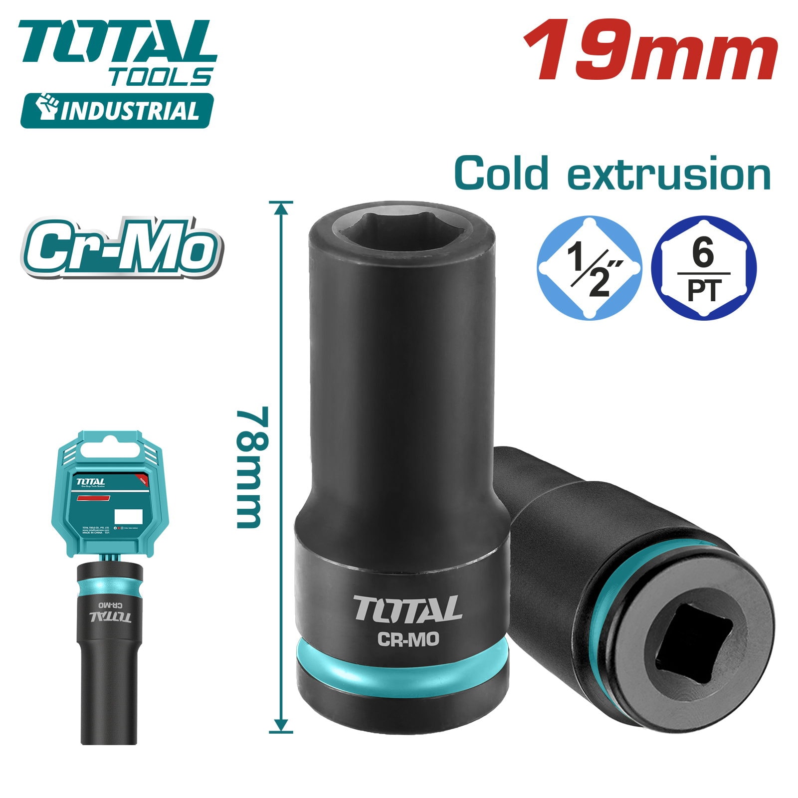 Торцевая головка удлиненная ударная 1/2 " 19 мм TOTAL THDIS12192L