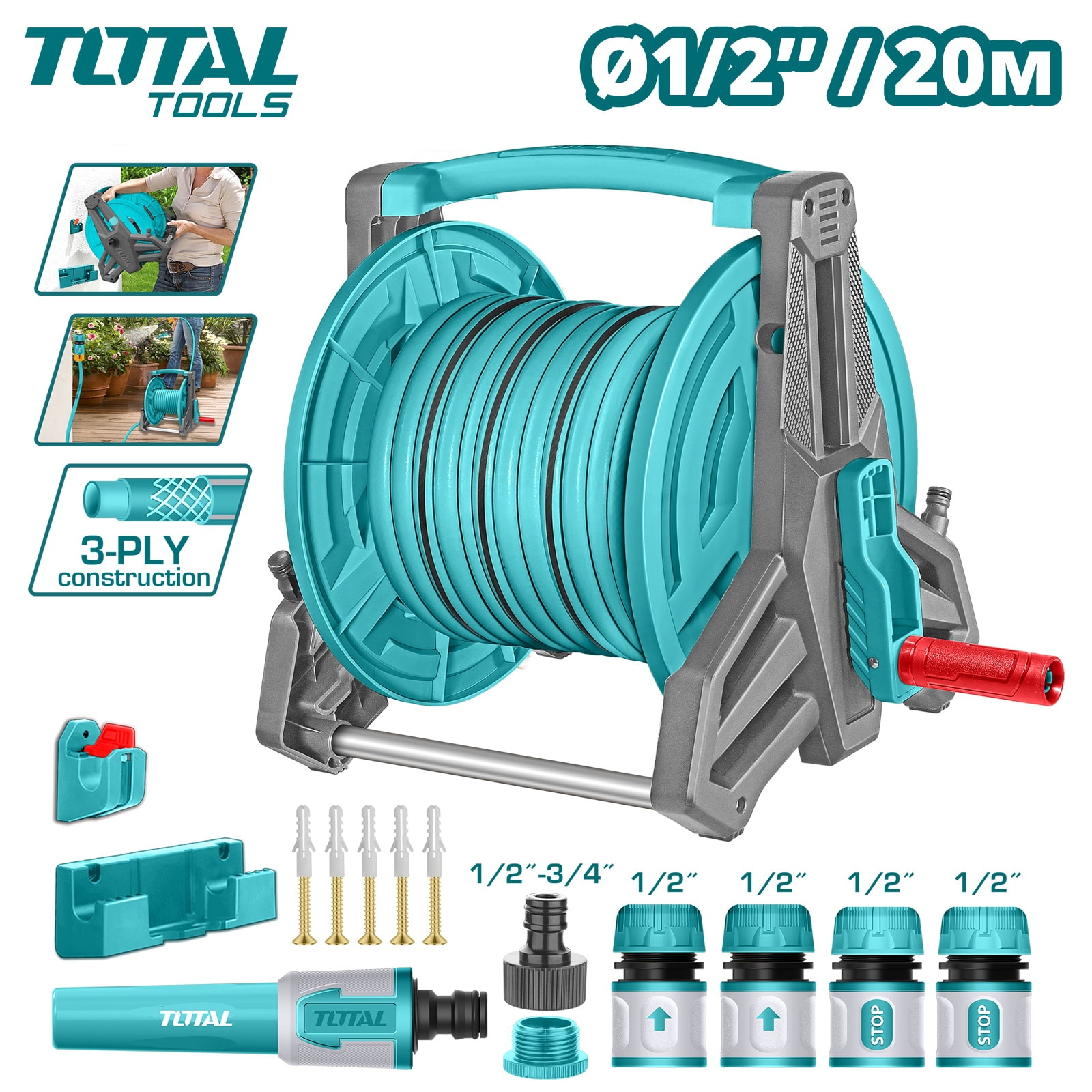 Катушка со шлангом 20м и набором для полива TOTAL THHR20124