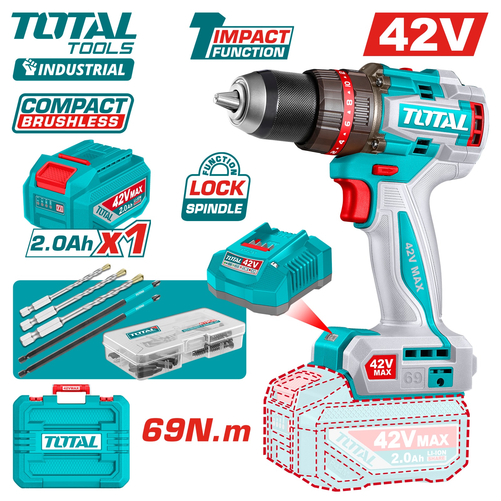 Дрель-шуруповерт ударная TOTAL TIDLI426981