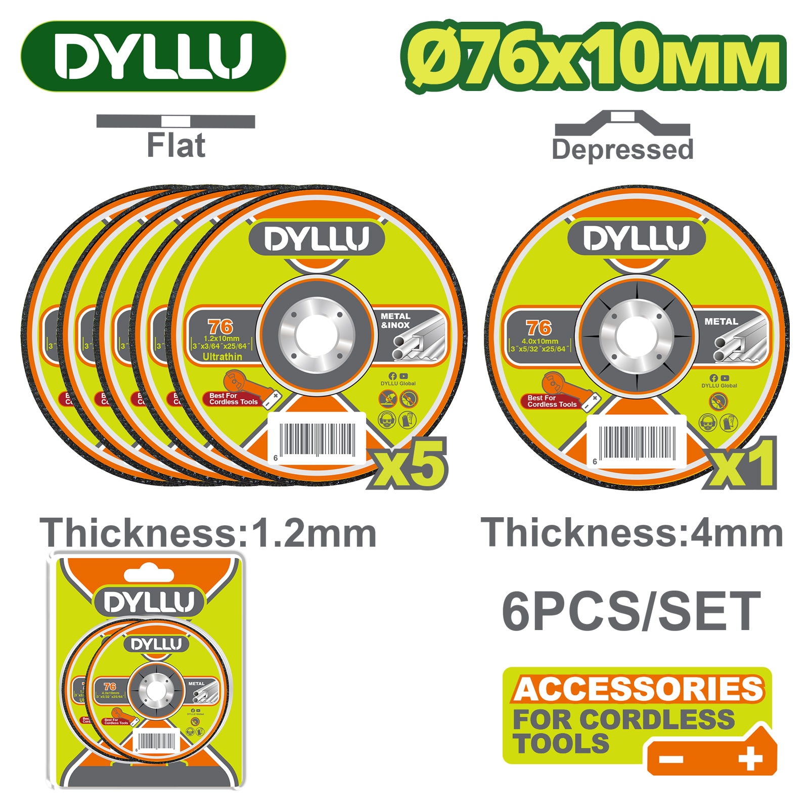 Круг отрезной 76x1,2x10мм,76x4,0x10мм по металлу DYLLU DTAC2L06 (6 шт.)
