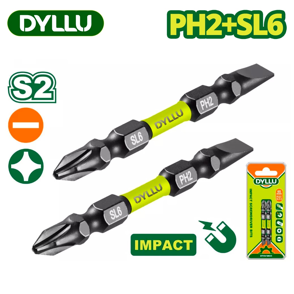 Бита двухсторонняя ударная PH2 + SL6 65 мм DYLLU DTSV3K63 (2 шт.)