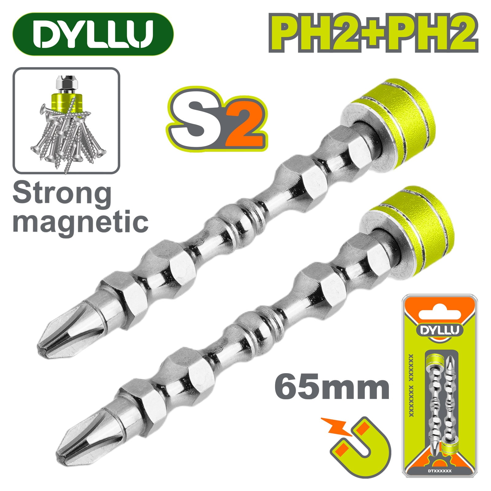 Бита магнитная PH2 + PH2 65 мм DYLLU DTSV8K01 (2 шт)