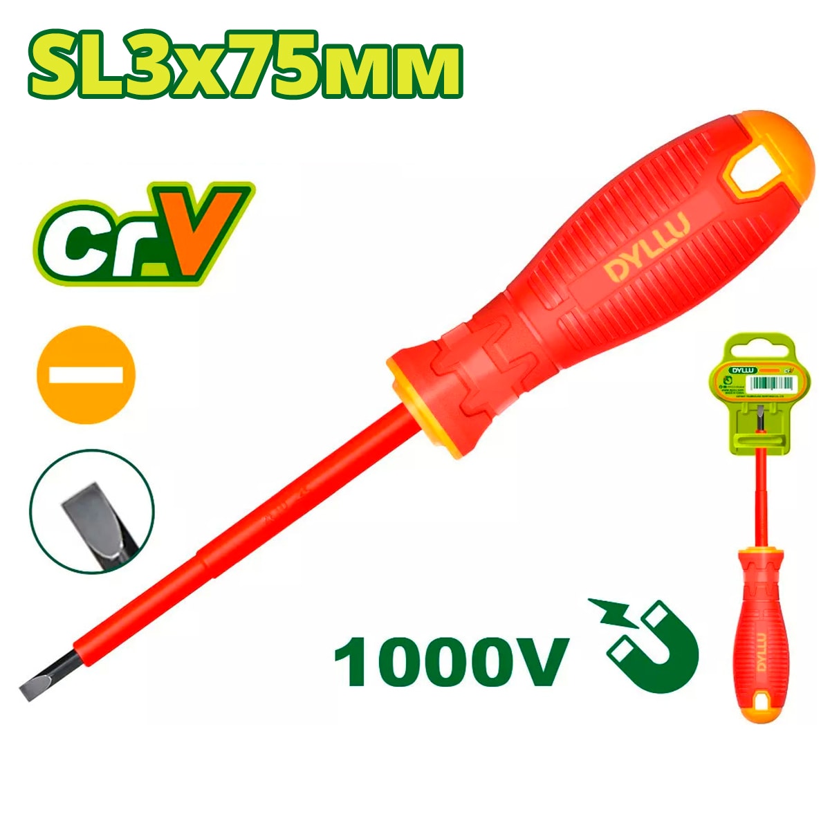 Отвертка шлицевая SL3x75мм диэлектрическая DYLLU DTSD7233