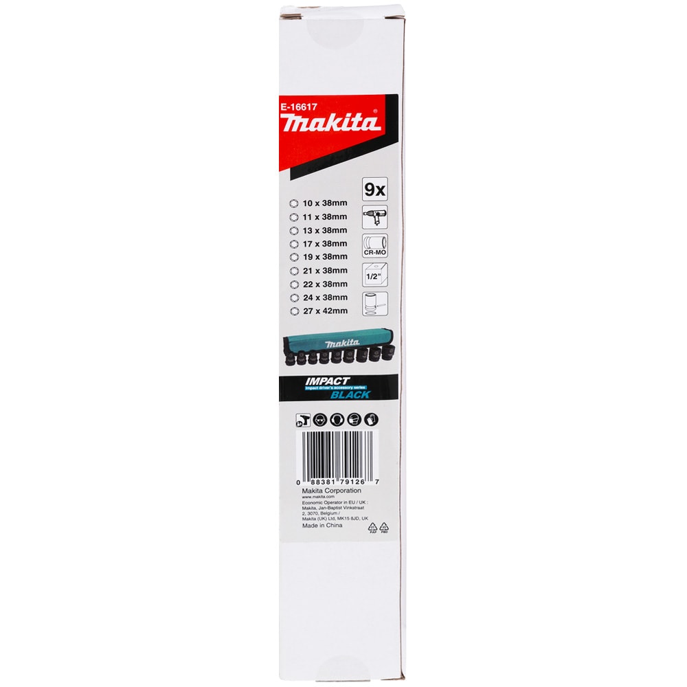 Набор ударных головок Impact Black 10-27 мм 1/2" (9 шт) MAKITA (E-16617), фото 3