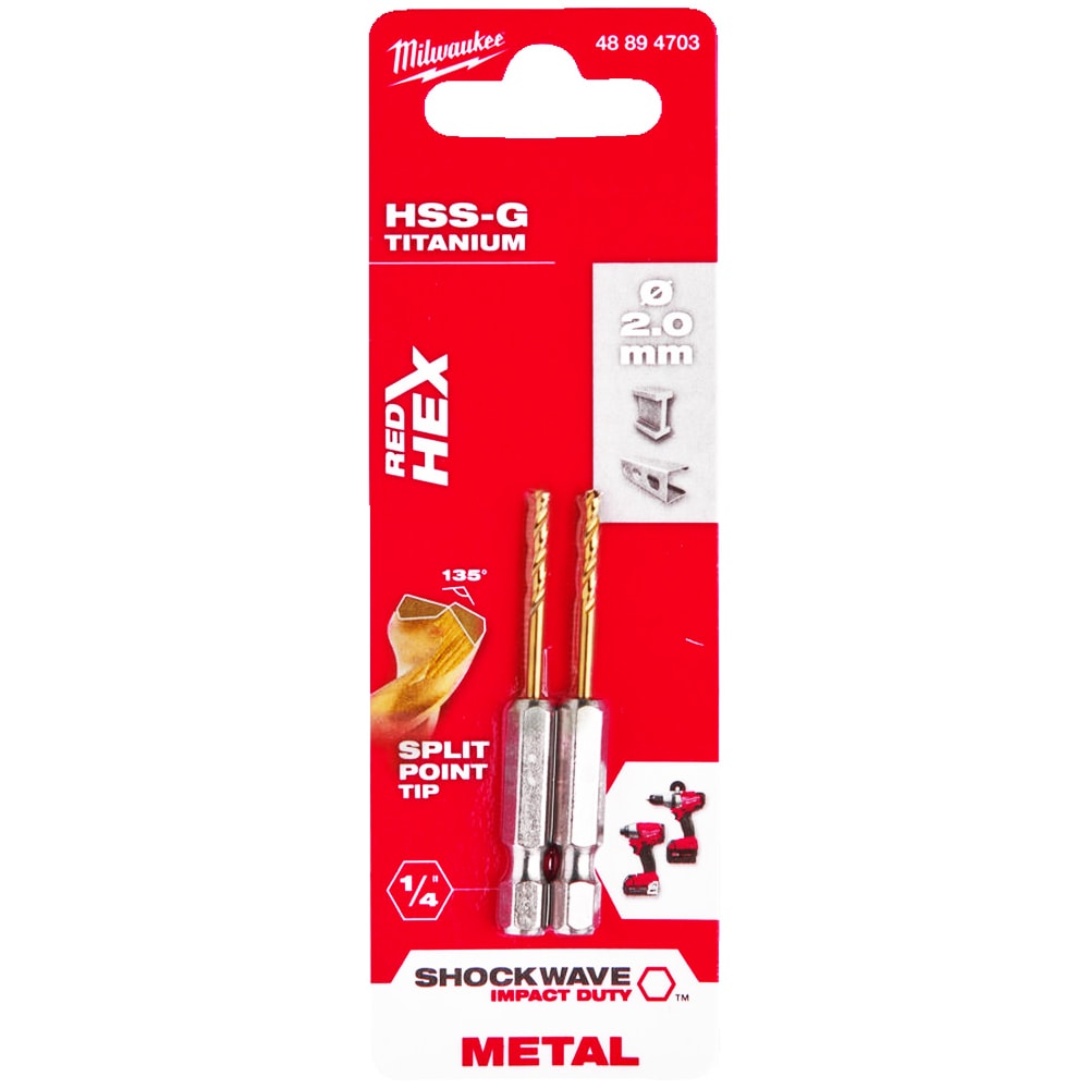 Сверло по металлу 2,0х62 мм (2 шт) Shokwave Red Hex HSS-G Tin Milwaukee (48894703)