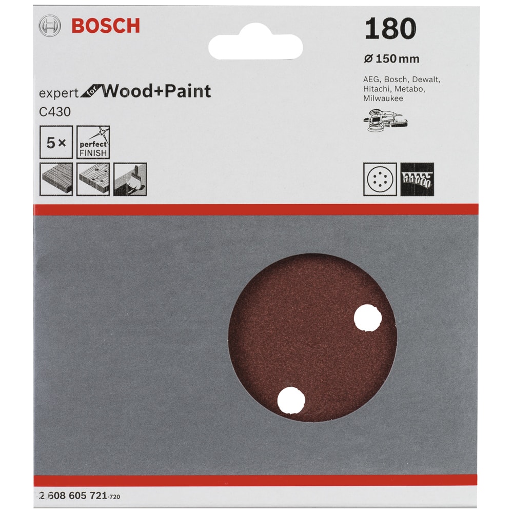 Шлифлист Expert for Wood and Paint__150 мм К180 / 6 отв (5 шт), BOSCH