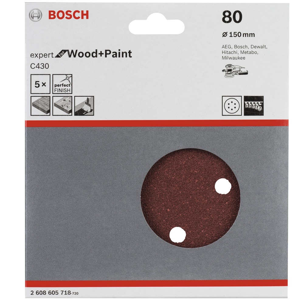Шлифлист Expert for Wood and Paint__150 мм К80 / 6 отв (5 шт), BOSCH