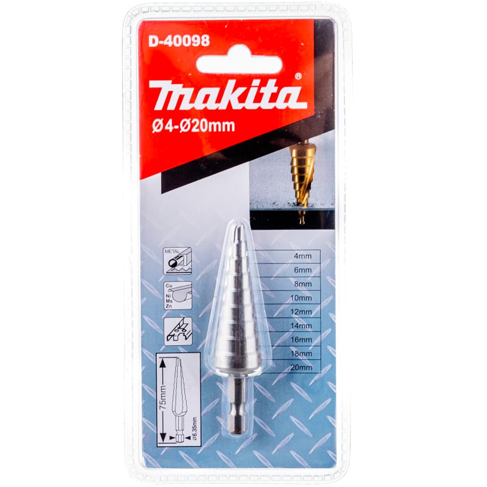 Сверло ступенчатое по металлу HSS 4-20 мм 1/4" (прямой желобок) MAKITA (D-40098)