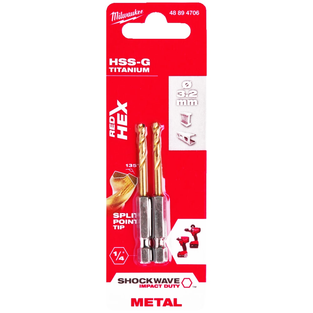 Сверло по металлу 3,2х66,5 мм (2 шт) Shokwave Red Hex HSS-G Tin Milwaukee (48894706)