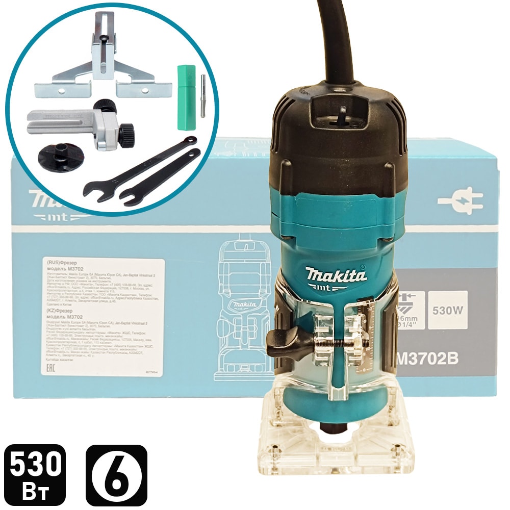 Фрезер кромочный M3702B (530 Вт / 6 мм / Коробка), MAKITA