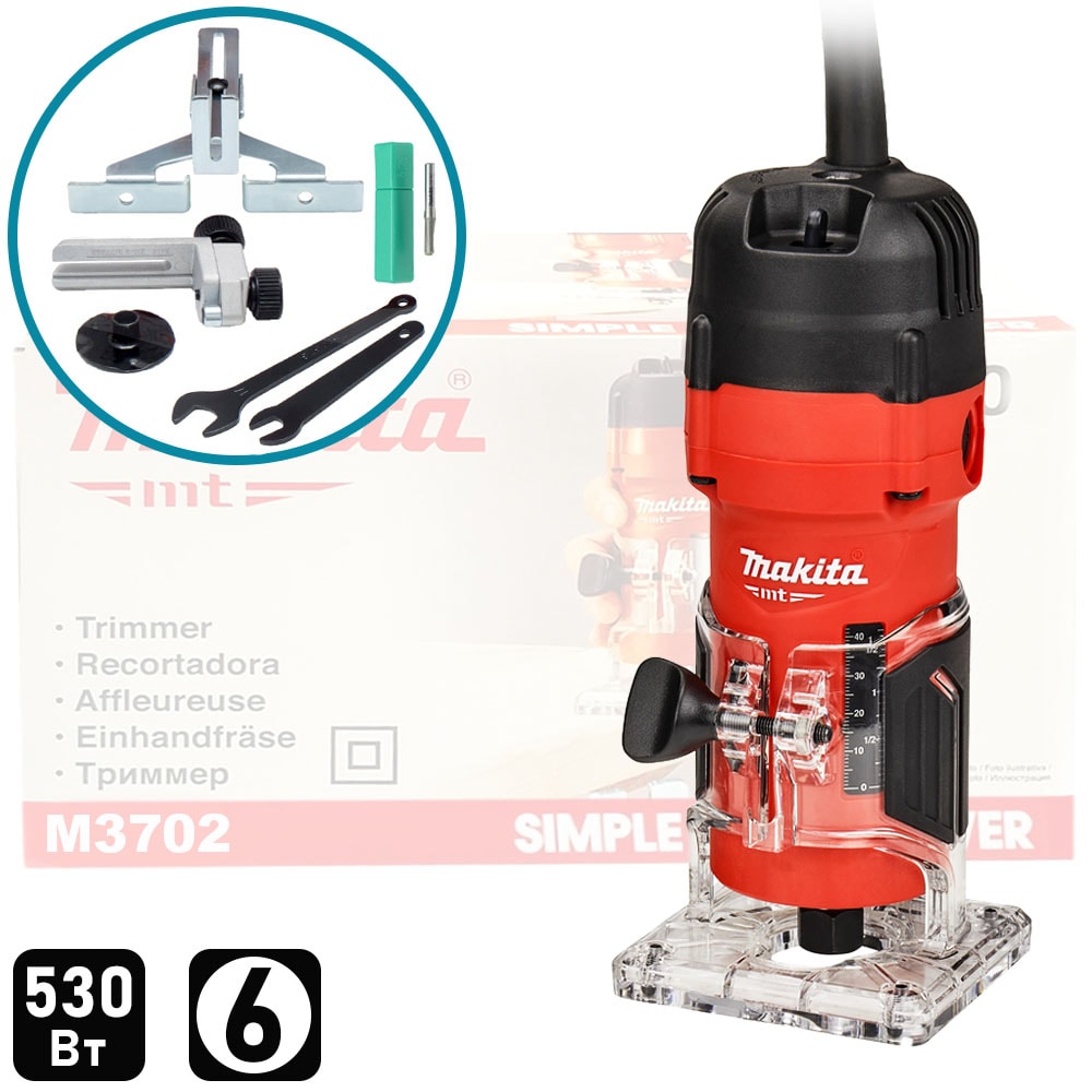 Фрезер кромочный M3702 (530 Вт / 6 мм / Коробка), MAKITA
