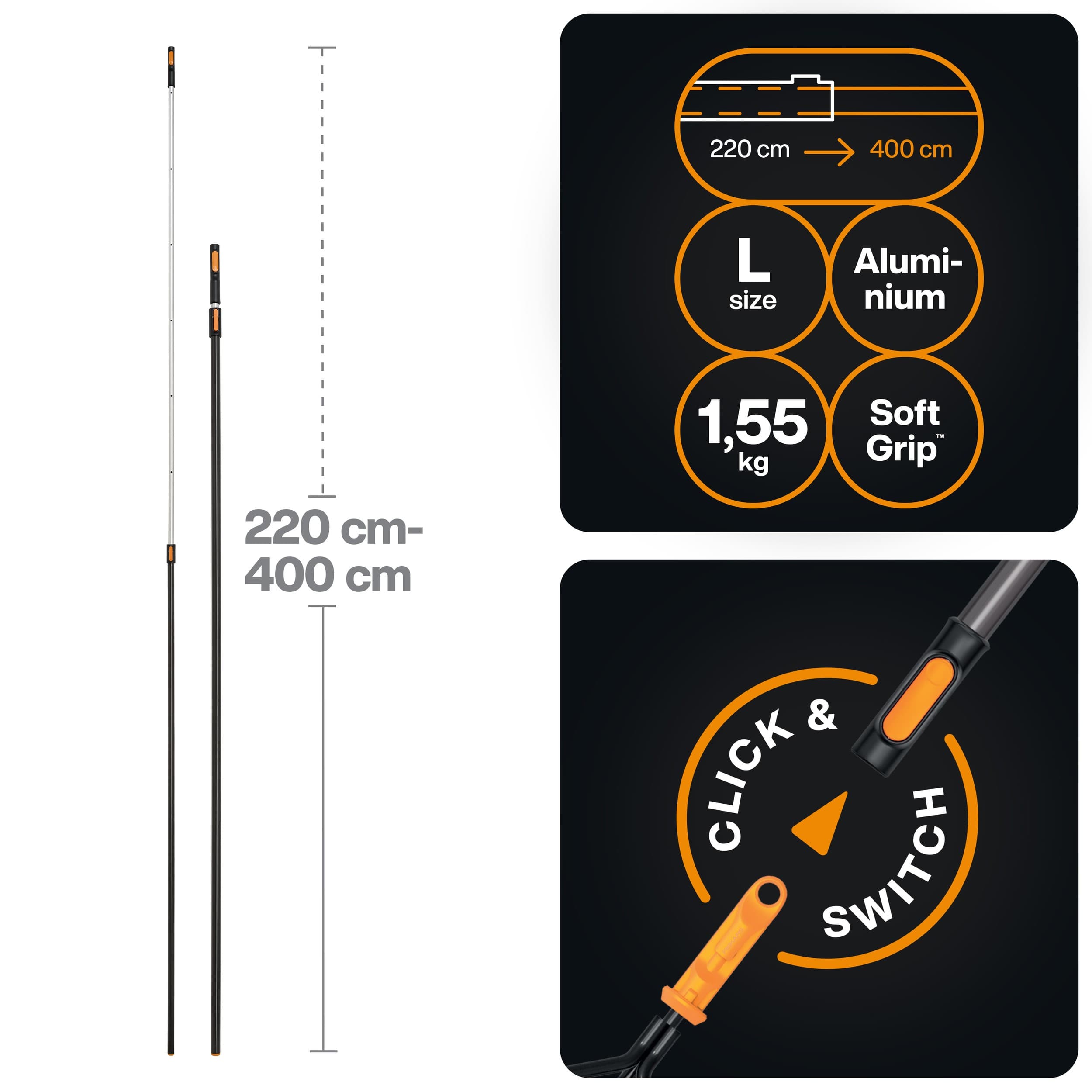 Черенок алюминиевый телескопический L 220-400см OneClick FISKARS