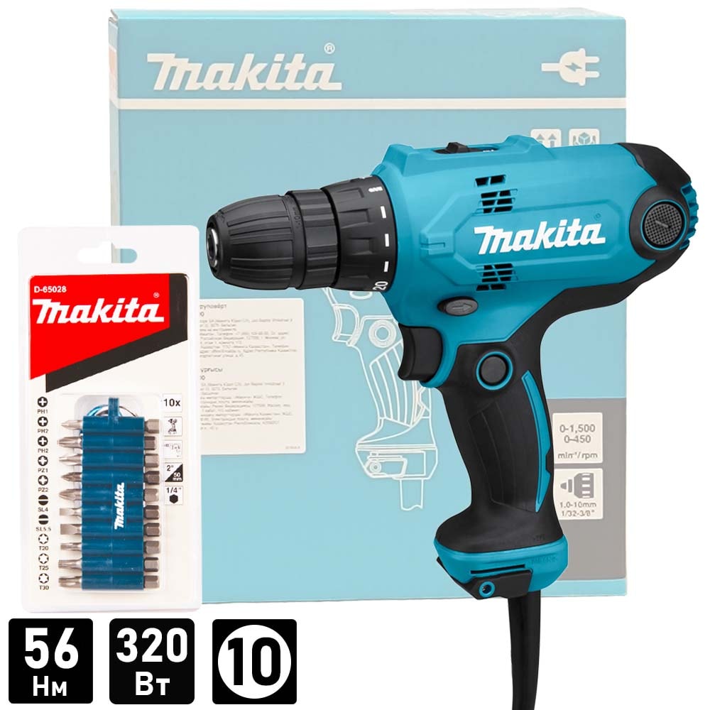 Дрель-шуруповерт сетевая DF0300X3 (DF 0300 X3) + набор бит MAKITA