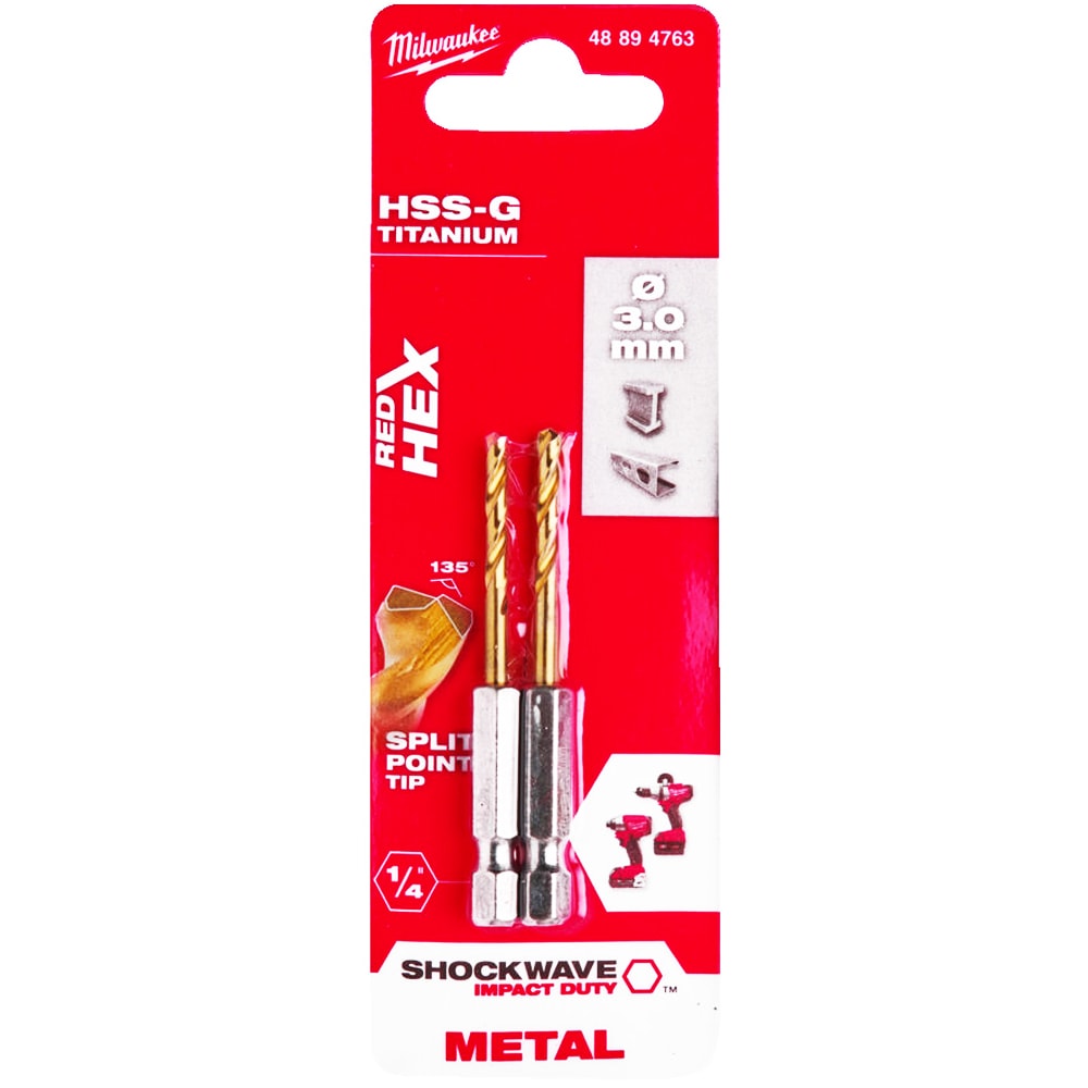 Сверло по металлу 3,0х65 мм (2 шт) Shokwave Red Hex HSS-G Tin Milwaukee (48894763)