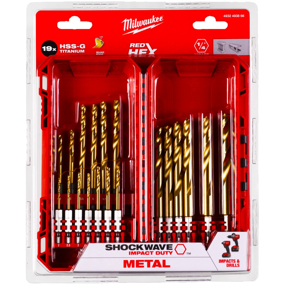 Набор сверл по металлу 2-10 мм (19 шт) Shockwave HSS-G Tin Red Hex Milwaukee (4932493866)