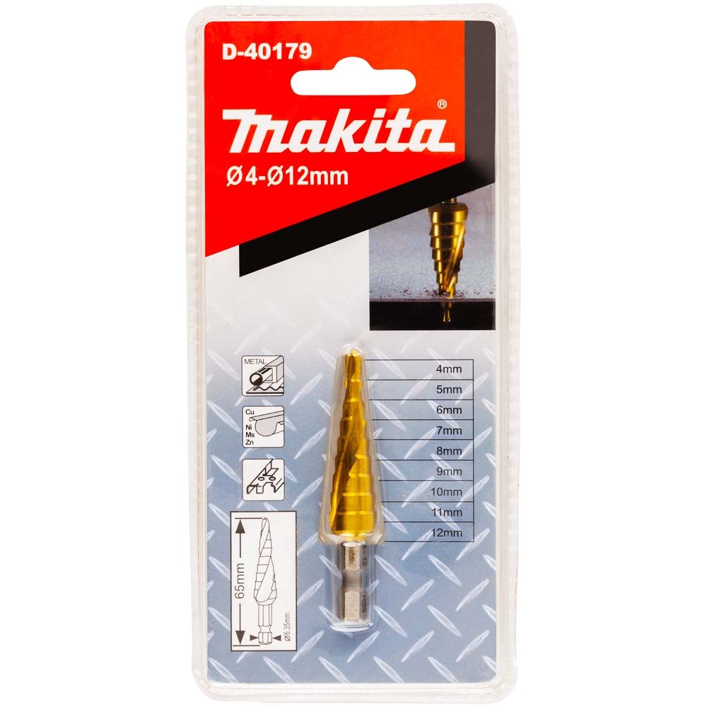 Сверло ступенчатое по металлу HSS-TiN 4-12 мм 1/4" (спиральный желобок) MAKITA (D-40179)