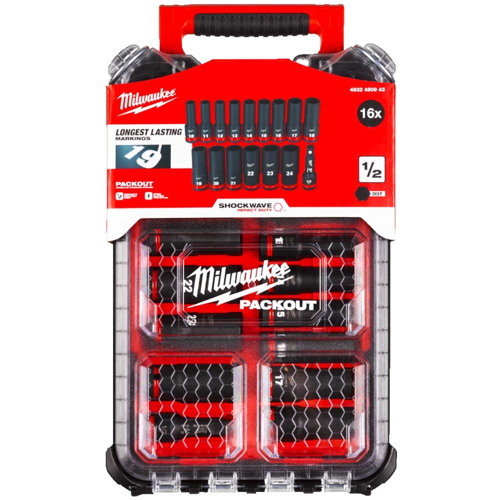 Набор торцовых ударных головок 10-24 мм (1/2" / 16 шт) Shockwave Impact Duty в PACKOUT Milwaukee (4932480943)