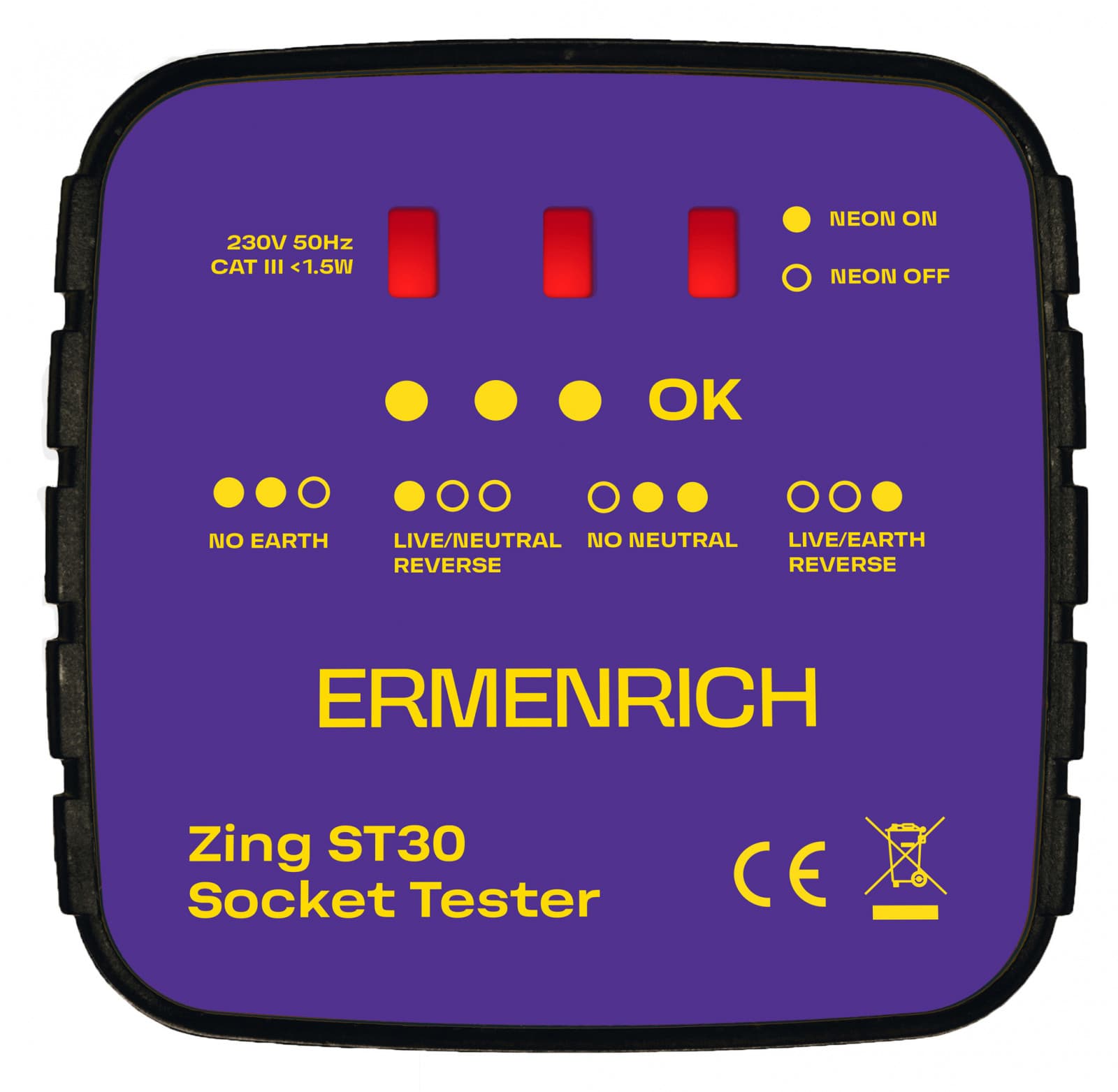 Тестер розетки Ermenrich Zing ST30 (50Гц, 230В, класс перенапряжения III 300В, фиолетовый), фото 2
