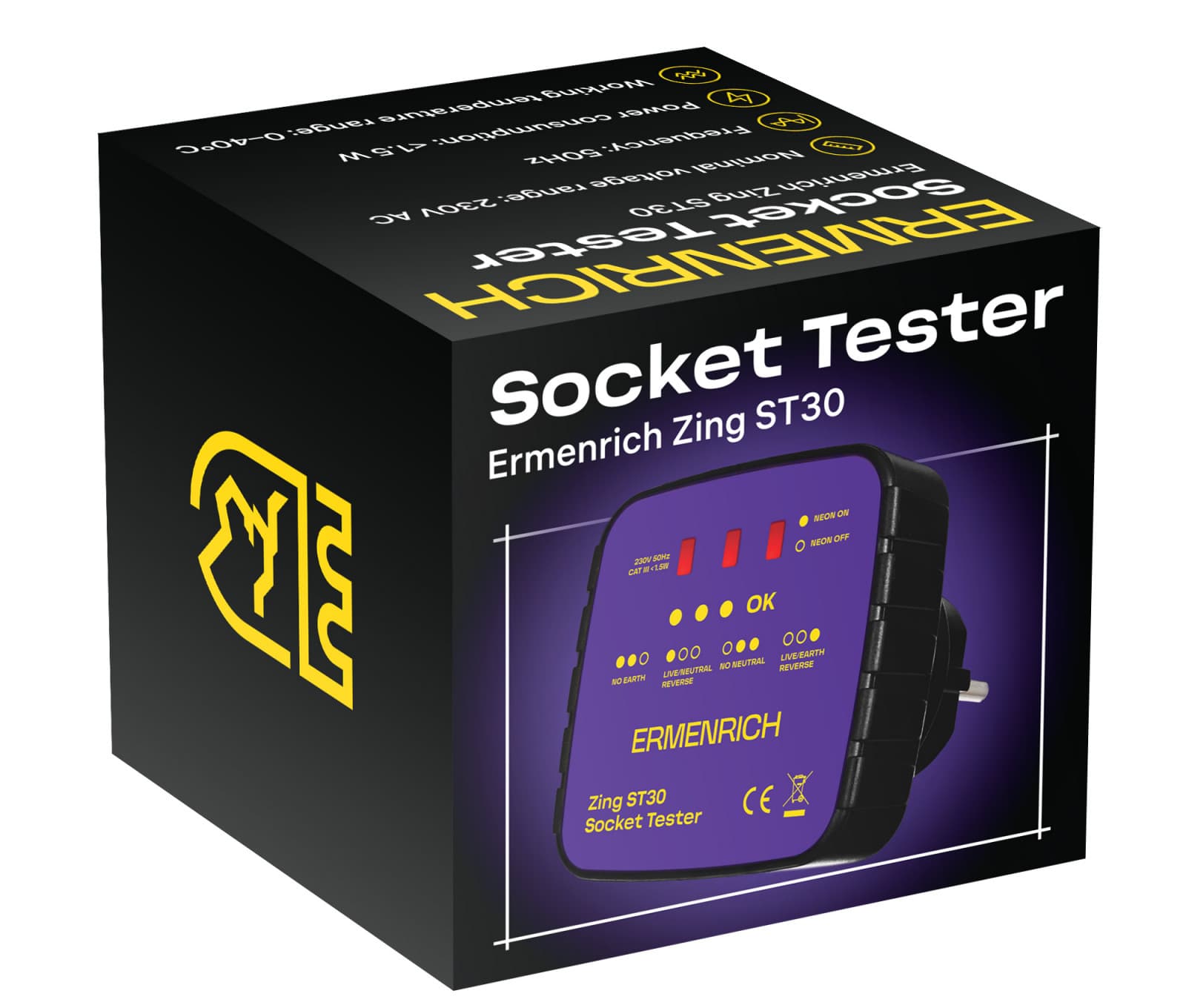 Тестер розетки Ermenrich Zing ST30 (50Гц, 230В, класс перенапряжения III 300В, фиолетовый), фото 4