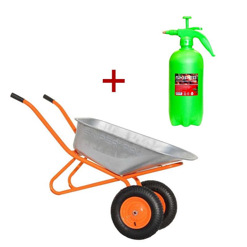 АКЦИЯ Тачка строительная SKIPER 2х130 expert PRO (до130л, до350кг)+Опрыскиватель SKIPER с помпой 3л